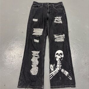 Men's Black Distressed Jeans with Skull Design
